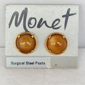 Monet Holiday Party Amber Stone Pierced Gold Tone Earrings New On Original Card